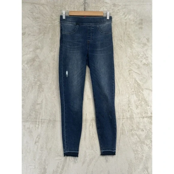 Spanx Jean-ish Ankle Leggings Dark Wash Distressed Raw Hem Skinny Jeans Small - Picture 2 of 9